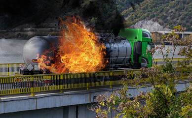 The truck carrying fuel caught fire while on the street. Fuel carrier in flames