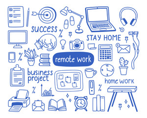 A set of contour elements on the topic of work from home, the concept of freelancing, quarantine. Vector illustration in doodle style for banners and websites.