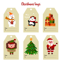Obraz na płótnie Canvas Gift tags with different characters. Penguin, Santa, bull, Snowman, Hedgehogs and Christmas Tree