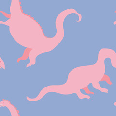 Cute vector seamless pattern with pink dinosaurs on pastel blue background. Cool dinos, for kids, kawaii reptiles in pastel colors, brontosaurus.