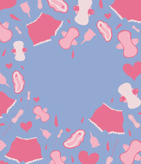 Heart-shaped vector frame with pink reusable sanitary pads, menstrual cups, tampons, hearts and drops on pastel blue background. Cute sanitary pads, menstrual cups and tampons. Menstruation, period