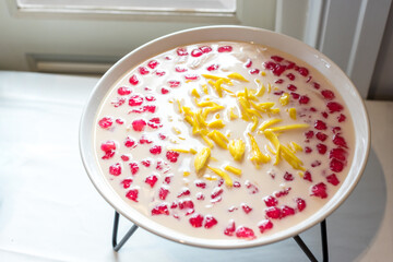 Thai dessert is name Tubtimgrob , made of water chestnuts dipped in red food coloring, coconut and jackfruit with coconut milk. Red Water Chestnuts in Coconut Milk. 