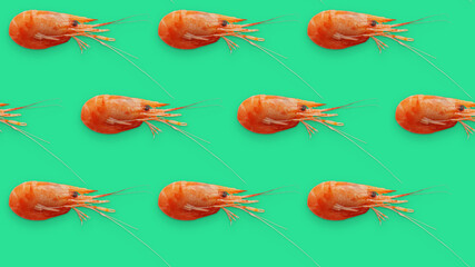 Juicy fresh shrimp seamless pattern isolated on green background. Place for your text. Seamless...