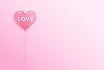 Pink balloon in the shape of a heart on a pink background Love message