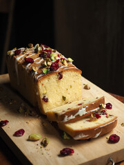 sliced cranberry and pistachio butter pound cake