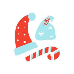 Hand drawn Merry Christmas clipart with Santa hat, bag of gifts, candy cane on white background. Vector flat illustration. Design for greeting card, banner, web, sticker, posters, gift tags and labels