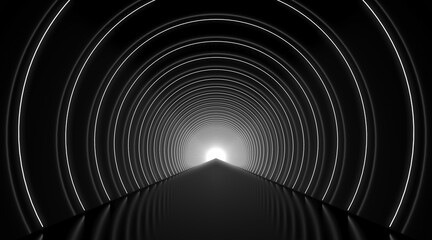 Fototapeta premium Black and white round tunnel podium abstract background. Stage with reflections on the glossy floor. 3d render.