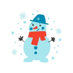 Hand drawn Merry Christmas clipart with snowman, snowflakes isolated on white background. Vector flat illustration. Design for greeting card, banner, web, sticker, posters, gift tags and labels