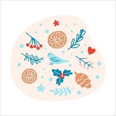 Hand drawn Merry Christmas clipart with floral branches, bird, cone, heart, lemon slice, berry. Vector flat illustration. Design for greeting card, banner, web, sticker, posters, gift tags and labels