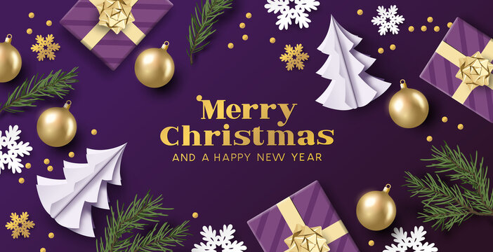 Merry christmas layout composition with purple and gold colours, christmas decorations and fir branches. Vector illustration