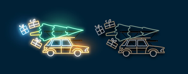 A car travelling home for christmas carrying a christmas tree and presents. Neon light sign with on and off versions. Vector illustration.