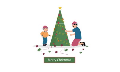 Fototapeta na wymiar Dad and son celebrating christmas decorating tree flat vector illustration concept