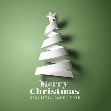 A realistic paper christmas tree with a star, card decoration with shadows. Vector illustration.