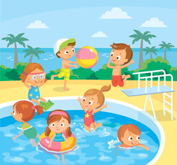Obraz na płótnie Canvas Vector kids babies in swimming pool swimming and jumping from diving platform girl in swim ring, flippers plunging, having fun with ball,sunbathing sunbathe on tropical resort palm trees on background