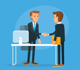 Business meeting.Employee shaking hands with boss, director, leader executive. Manager, assistant visit came to his boss for report.