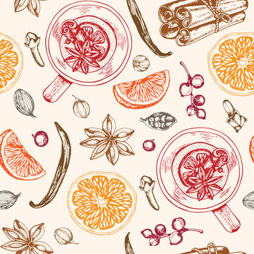 Vintage hand drawn seamless pattern with mulled wine