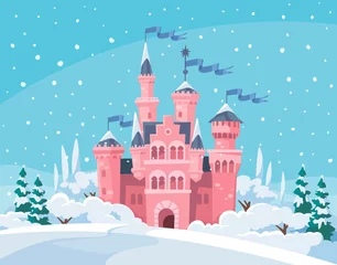 Foto auf Acrylglas Vector illustration for children with fairy pink castle and winter landscape on snowy weather with snowfall © olgache