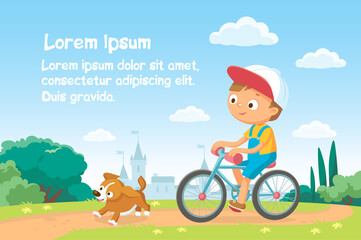 Vector boy child man rides bike bicycle in natural summer landscape by pathway track through green lawn meadow and puppy running ahead.Escape from city.Bike ride.White clouds and castle on background.