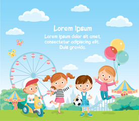 Vector children cartoon characters having fun in amusement theme entertainment park, play hang around, have leisure, eating ice-cream, jumping Carousel, roller coaster.Carnival, childhood, friends.