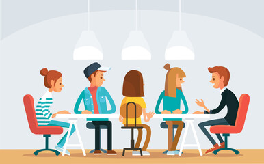 Vector picture view of coworking shared space office with freelancers working on project start up sitting at table. Collective team work small bussines entrepreneurship partnership concept.