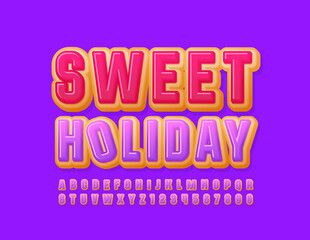 Vector tasty flyer Sweet Holiday. Violet icing Alphabet Letters and Numbers set. Donut delicious Font