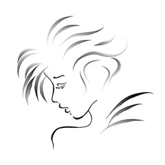 The face of a beautiful young girl. Stylish women's hairstyle. Vector line art illustration. Drawing a promotional banner for a beauty salon hairdressing make-up.