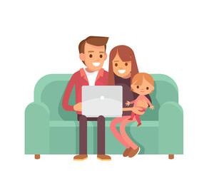Obraz premium Vector portrait picture of young family,couple with baby child sitting on the couch sofa,doing online shopping order,having conversation talk over video chat,watching video photo content on laptop