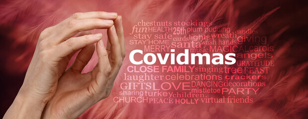 Shielding at Covidmas Christmas Word Cloud - female hands in closed cupped position, beside a...