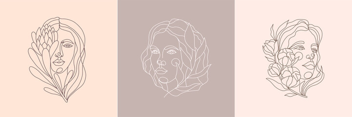 Set of portraits of minimalist female with proteus flower, cotton and branch. Vector illustration of a female face in a linear style. Feminine young face. Template for print, postcard, poster