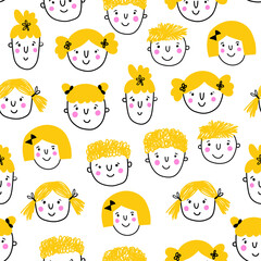 Seamless pattern with children faces. Hand drawn style. Vector children's illustration. Design for fabric, wallpaper or wrap paper.