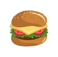 Cartoon hamburger with cheese, tomato and salad. Isolated on white background. 
Vector illustration. Design for banner, poster, card, print, menu.