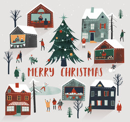 Merry Christmas vector illustration. Snow covered little town. Christmas fair