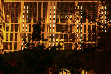 Night view of a beautiful building close-up.