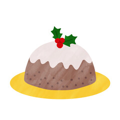 クリスマスプディング　ケーキ　かわいい　水彩風　イラスト