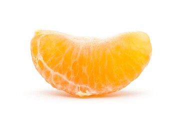 Close-up tangerine segment isolated on white background.