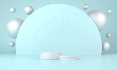 Podium, pedestal or platform, background for the presentation of cosmetic products. 3d podium. Place for ads.3D rendering podium geometry with  elements. Product presentation blank podium.