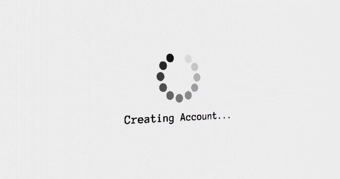 Create Account progress circle computer screen animation loop isolated on white background with blinking dots buffering search screen in 4K. computer loading screen creating social media accounts