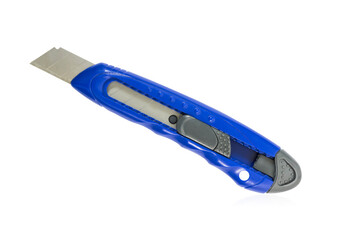 Blue cutter knife is used for cutting isolated on white background. Papercutting tool.