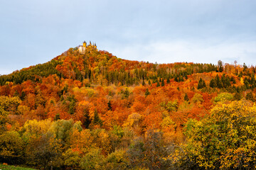 scenic autumn fall color in the Hohenzollern mountains in morning light Hechingen