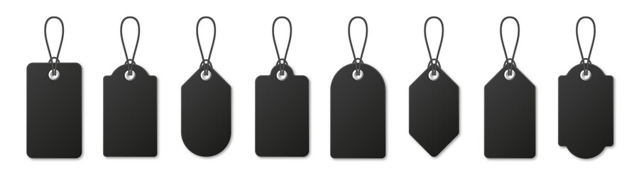 Realistic black price tags collection. Special offer or shopping discount label. Retail paper sticker. Promotional sale badge. Vector illustration.
