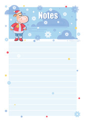 Calf. Notes. Vector background, template. Bull. Santa Claus. Childrens page for records. Template