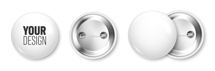 Realistic white blank badge. 3D glossy round button. Pin badge mockup. Vector illustration.