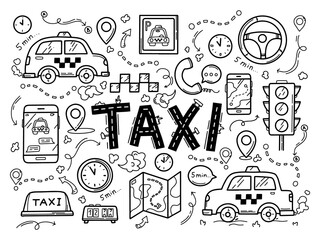 Taxi set of icons in the hand-drawn doodle style. Traffic light, cars, signs. Vector illustration in black colour © kanvictory