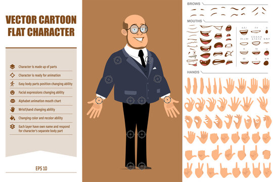 Cartoon flat funny bald professor man character in dark suit and glasses. Ready for animation. Face expressions, eyes, brows, mouth and hands easy to edit. Isolated on brown background. Vector set.