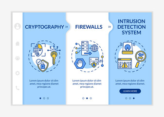 Cyber security solutions onboarding vector template. Encryption. Firewalls. Intrusion detection system. Responsive mobile website with icons. Webpage walkthrough step screens. RGB color concept