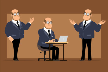 Cartoon flat funny bald professor man character in dark suit and glasses. Boy posing and working on laptop. Ready for animation. Isolated on brown background. Vector set.