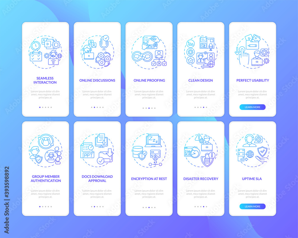 Poster telecommuting app aspects onboarding mobile app page screen with concepts set. protection parameters