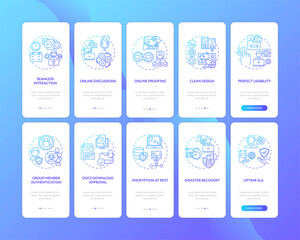 Telecommuting app aspects onboarding mobile app page screen with concepts set. Protection parameters walkthrough 5 steps graphic instructions. UI vector template with RGB color illustrations