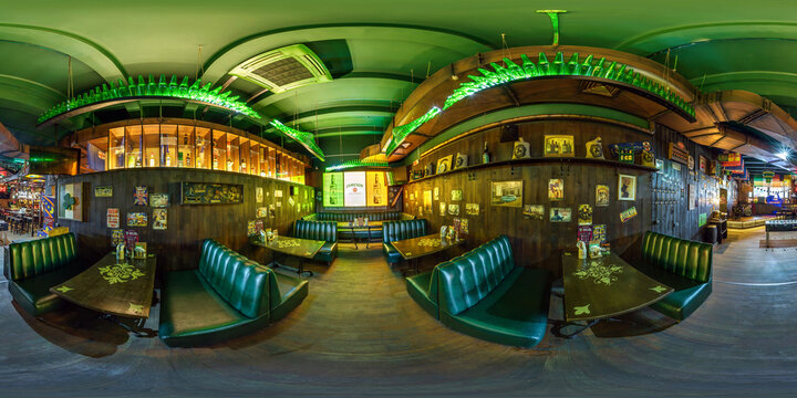 MINSK, BELARUS - AUGUST, 2018: full seamless spherical hdri panorama 360 degrees angle view in modern nightclub pub restaurant with dark loft design style in equirectangular projection. vr ar content