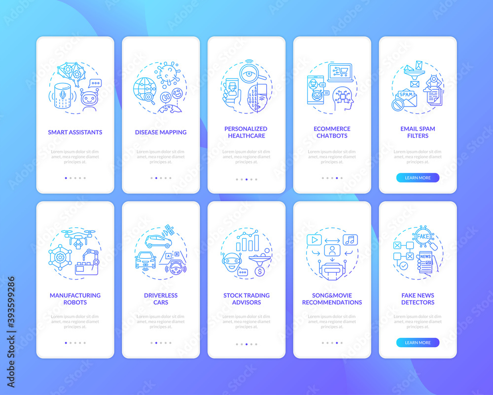 Poster artificial intelligence onboarding mobile app page screen with concepts set. modern technologies wal